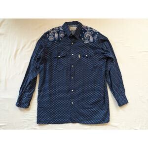 Vintage Western Cowboy Style Mistral de Nimes Navy Dot, Paisley Shirt Pearl Snap
